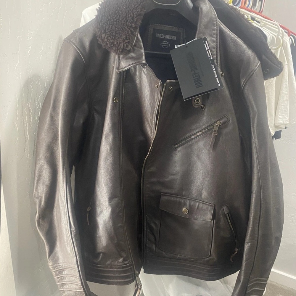 Harley Davidson Leather Jacket Mens XL Brown Shearling Collar Plaid Lined NWT